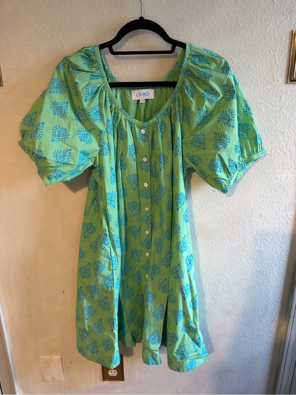 Livro Green Mini Dress with Teal Print and Puff Sleeves